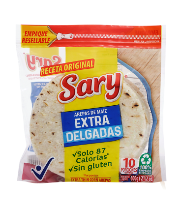 AREPA SARY MAIZ EXTRADELGADA PQ600 GRAMOS