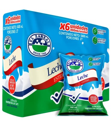LECHE ZARZAL UHT ENTERA SIXPACKx900 MILILITRO