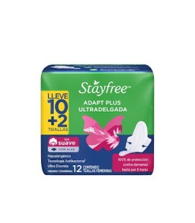 TOALLA STAYFREE ALAS ADAPT PLUS ULTRADELGADA PAGUE 10 LLEVE 12UDS