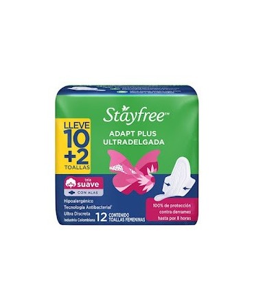 TOALLA STAYFREE ALAS ADAPT PLUS ULTRADELGADA PAGUE 10 LLEVE 12UDS